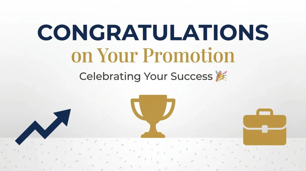 Elegant promotion celebration card featuring bold navy and gold typography on a clean white background. A gold trophy, briefcase, and rising arrow icon illustrate career success, while a subtle confetti pattern adds a festive atmosphere to this professional milestone announcement.