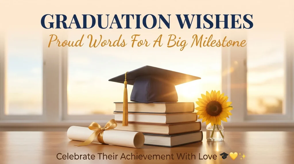 A navy graduation cap with a gold tassel rests on a stack of books beside a vibrant sunflower and tied diploma. Warm golden sunlight illuminates the scene, highlighting the text 'Graduation Wishes' for celebrating academic achievement on a polished wooden desk.