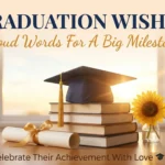 A navy graduation cap with a gold tassel rests on a stack of books beside a vibrant sunflower and tied diploma. Warm golden sunlight illuminates the scene, highlighting the text 'Graduation Wishes' for celebrating academic achievement on a polished wooden desk.