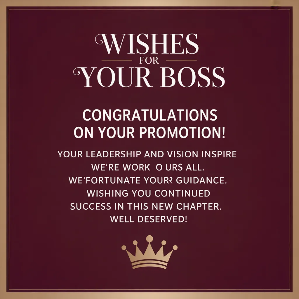 Elegant burgundy card with a gold border and crown icon, displaying promotion wishes for a boss. This sophisticated layout features a professional congratulations message, celebrating a career milestone with formal gold accents.