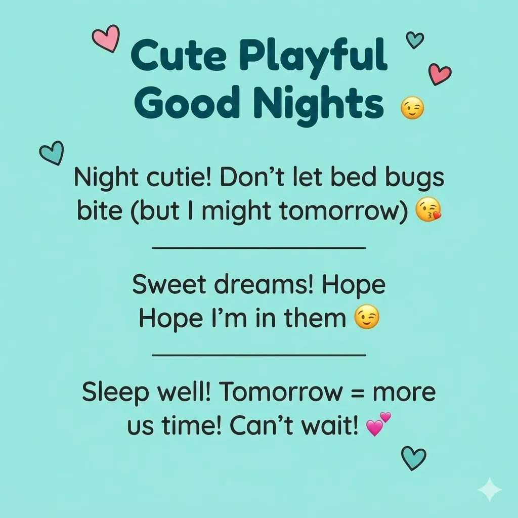 A clean digital graphic featuring cute playful good night messages on a soft mint green background with colorful hearts. It lists flirty romantic texts like 'Night cutie!' and 'Sweet dreams!' for a cheerful, affectionate atmosphere.