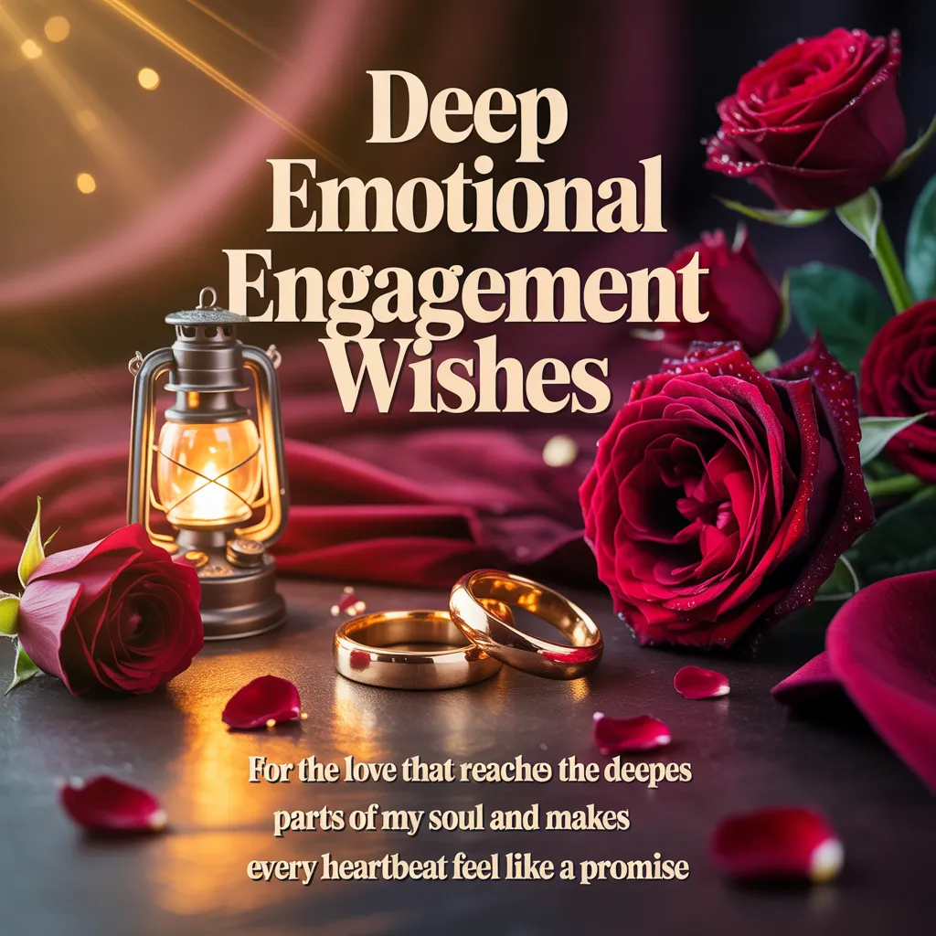 Polished gold engagement rings rest beside a glowing vintage lantern and velvety red roses adorned with dew drops. This romantic scene, set against draped crimson fabric under warm ambient light, beautifully illustrates heartfelt engagement wishes for a partner.