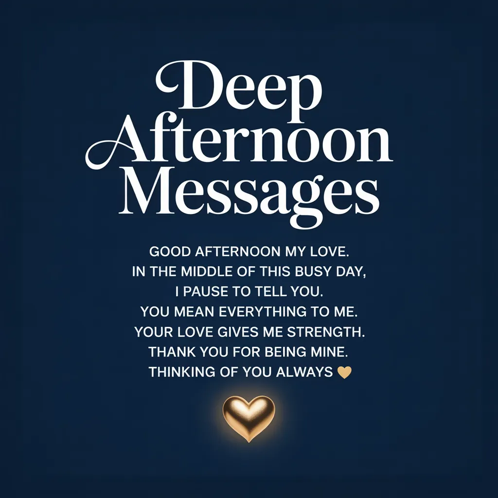 Elegant white text displays a romantic good afternoon message on a navy background. A glowing 3D gold heart adds a warm, polished texture at the bottom, creating a heartfelt and sentimental aesthetic for expressing love.