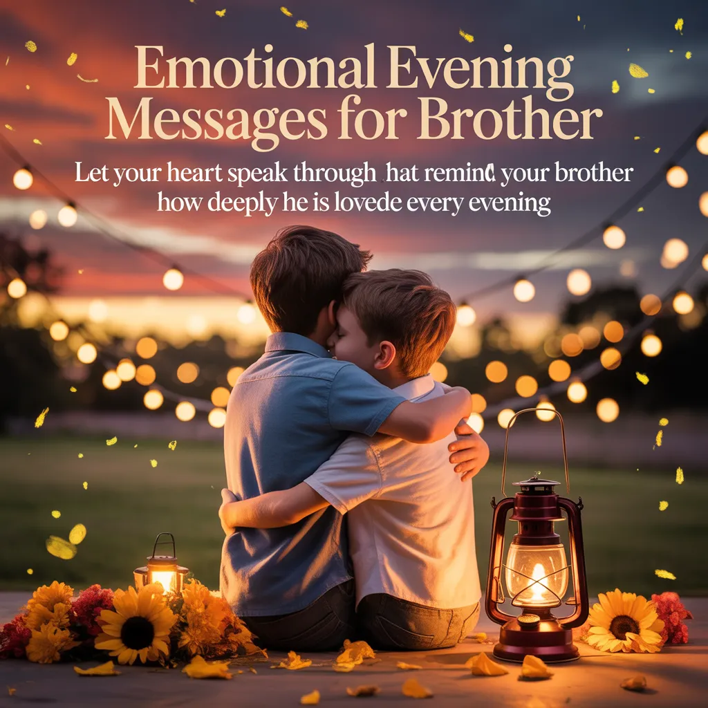 Two brothers share a sentimental hug at twilight amidst glowing string lights and sunflowers. A vintage lantern casts a warm glow against the sunset, creating a heartfelt setting for sharing good evening messages for brother.