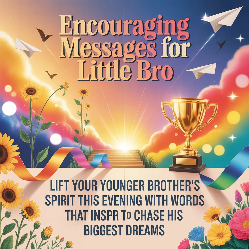Vibrant yellow sunflowers and a gleaming gold trophy sit against a radiant rainbow sunset with paper airplanes. This graphic features encouraging messages for little brother to lift his spirits this evening, with a glowing stairway leading toward a bright, hopeful horizon.
