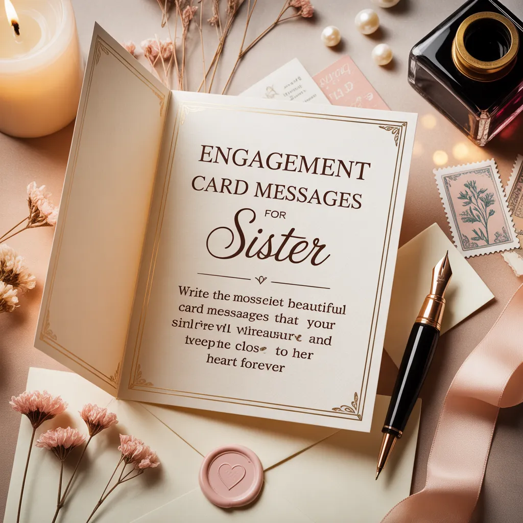 An elegant cream engagement card with gold accents displays engagement card messages for a sister, surrounded by a fountain pen, dried flowers, and a wax seal. Soft candle lighting highlights the silk ribbon and pearls, creating a warm, sentimental atmosphere for writing heartfelt engagement wishes.