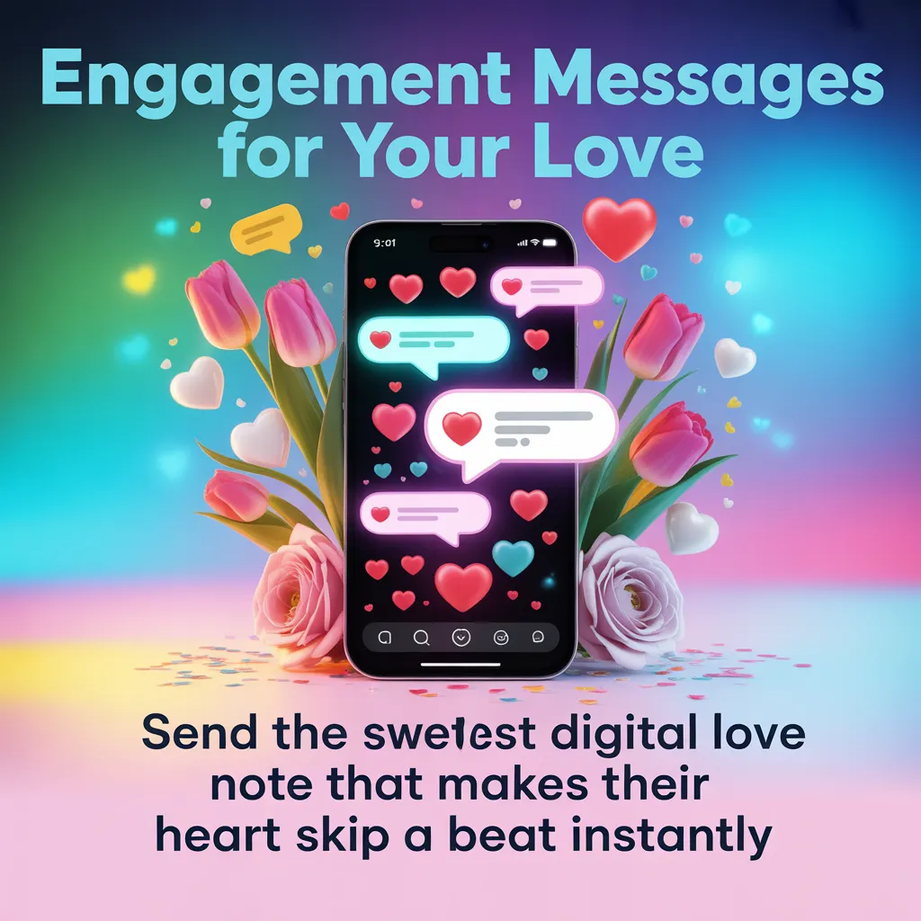 A smartphone displaying glowing digital love notes and hearts, nestled among soft pink tulips and roses. The scene is bathed in a dreamy, pastel gradient light, creating a romantic atmosphere for sending heartfelt engagement messages to a partner.