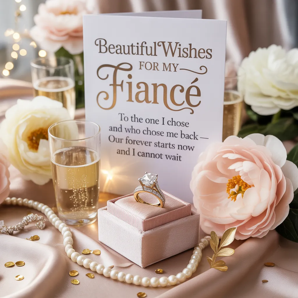 A brilliant diamond engagement ring rests in a plush pink velvet box beside a romantic engagement wishes card, framed by soft peonies, bubbling champagne, and a strand of pearls under a warm, diffused golden glow.