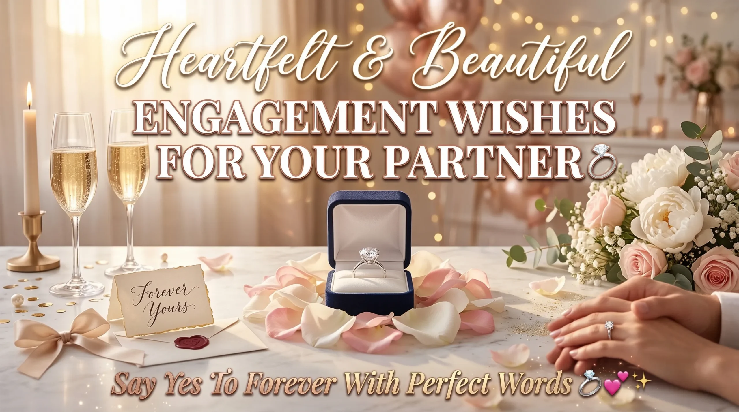 A brilliant diamond engagement ring in a navy blue velvet box sits among soft pink rose petals on a marble table. Warm, golden lighting illuminates champagne flutes and a romantic card, creating an elegant scene for sharing heartfelt engagement wishes for your partner.