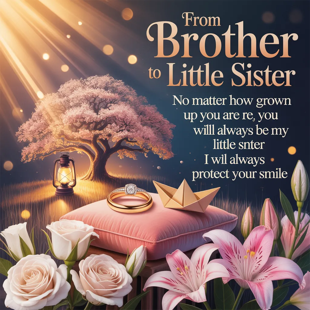 A sparkling gold engagement ring rests on a soft pink velvet pillow alongside a golden origami boat, framed by elegant white roses and lilies under warm, celestial light rays and a glowing cherry blossom tree for a younger sister's engagement.