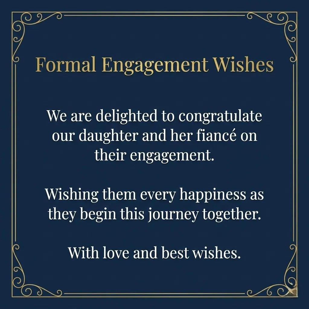 Formal engagement wishes for a daughter displayed in elegant white and gold text against a matte navy blue background. The message is enclosed in a delicate gold filigree border, offering heartfelt congratulations and blessings for the couple's future in a refined, celebratory style.