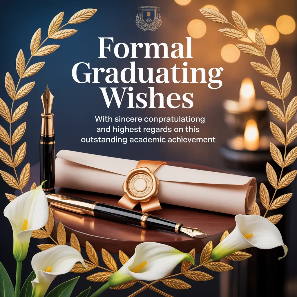 Formal graduating wishes displayed alongside a rolled diploma with a gold seal and a luxury fountain pen. This prestigious scene features white calla lilies and golden laurel wreaths on a polished table, set against a warm, glowing bokeh background celebrating academic achievement.