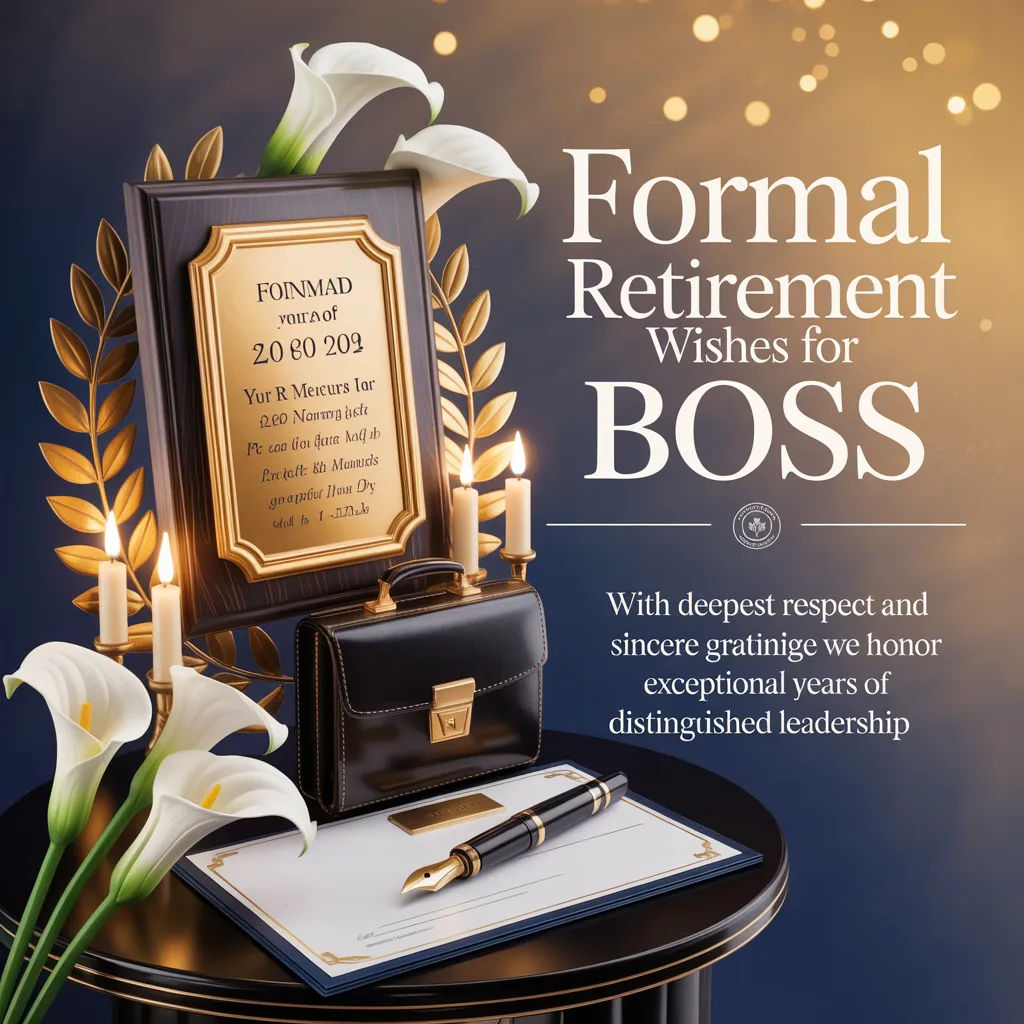 Elegant gold retirement plaque and a polished black leather briefcase resting beside white calla lilies and a fountain pen. This display of formal retirement wishes for a boss is bathed in warm candlelight and soft golden bokeh against a deep navy backdrop.