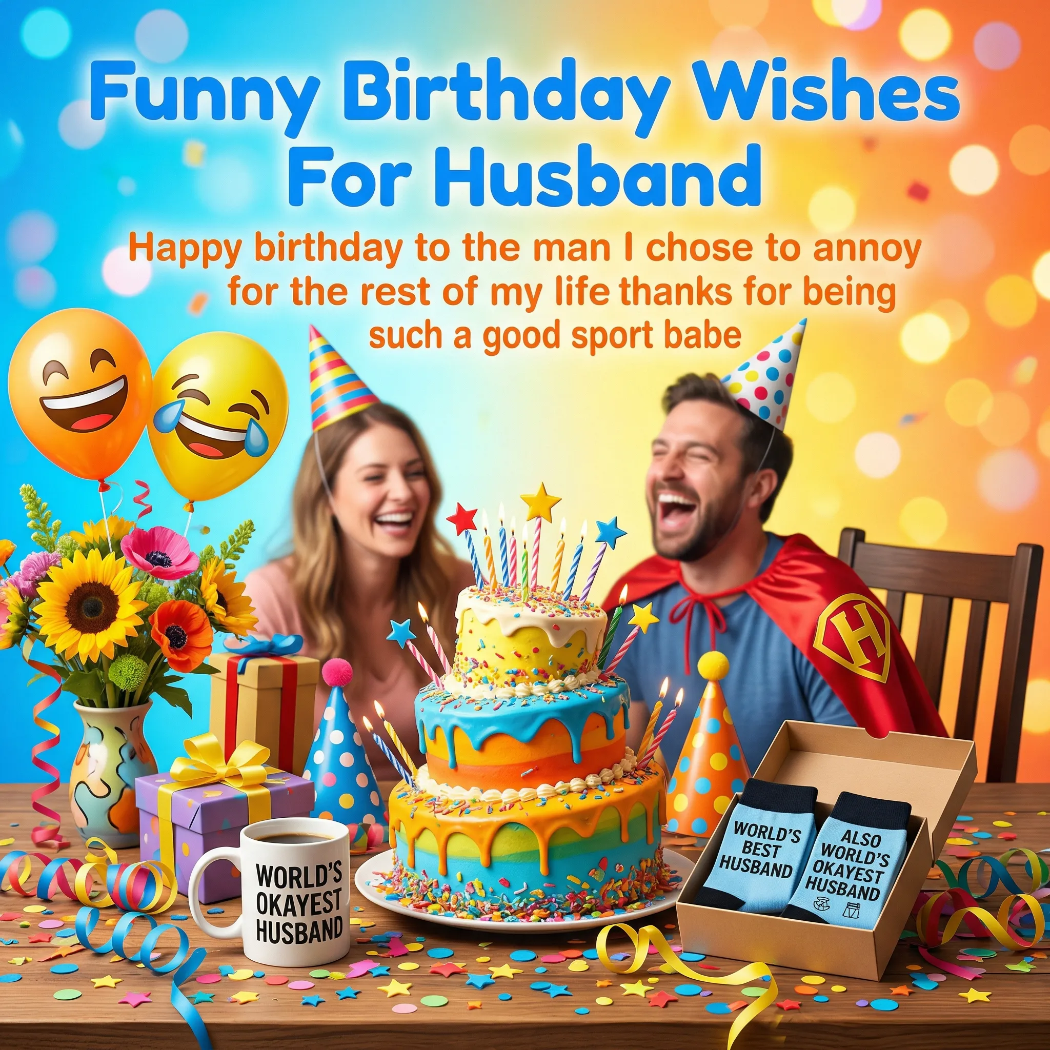 A vibrant multi-tiered cake with star candles sits on a confetti-covered table with humorous gifts. A laughing couple celebrates under warm bokeh lights, perfectly capturing funny birthday wishes for husband during a joyful home party.