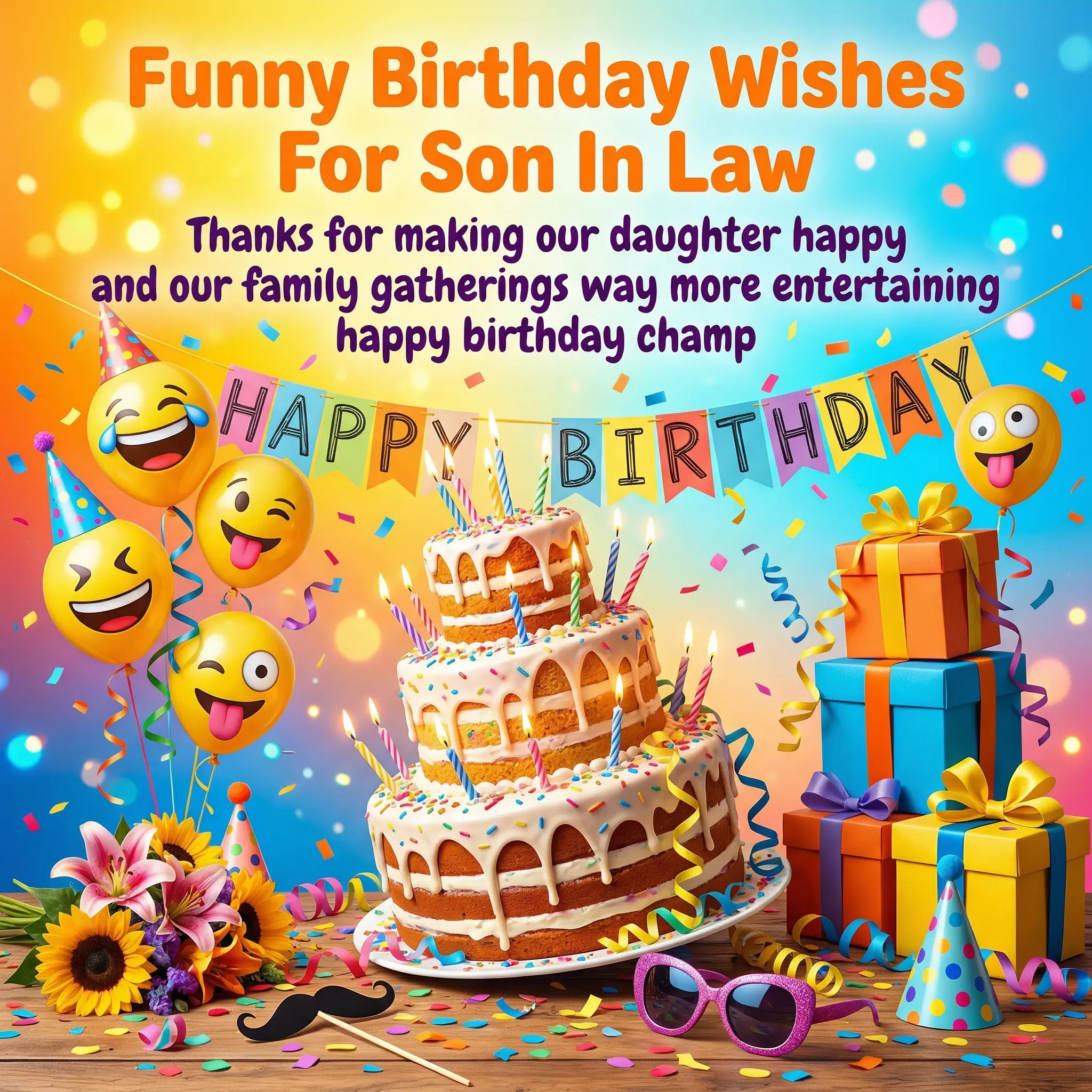 A vibrant three-tier birthday cake with lit candles and sprinkles sits on a wooden table, surrounded by funny emoji balloons and colorful gift boxes. This festive display for funny birthday wishes for son in law is set against a bright bokeh background with a celebratory banner.