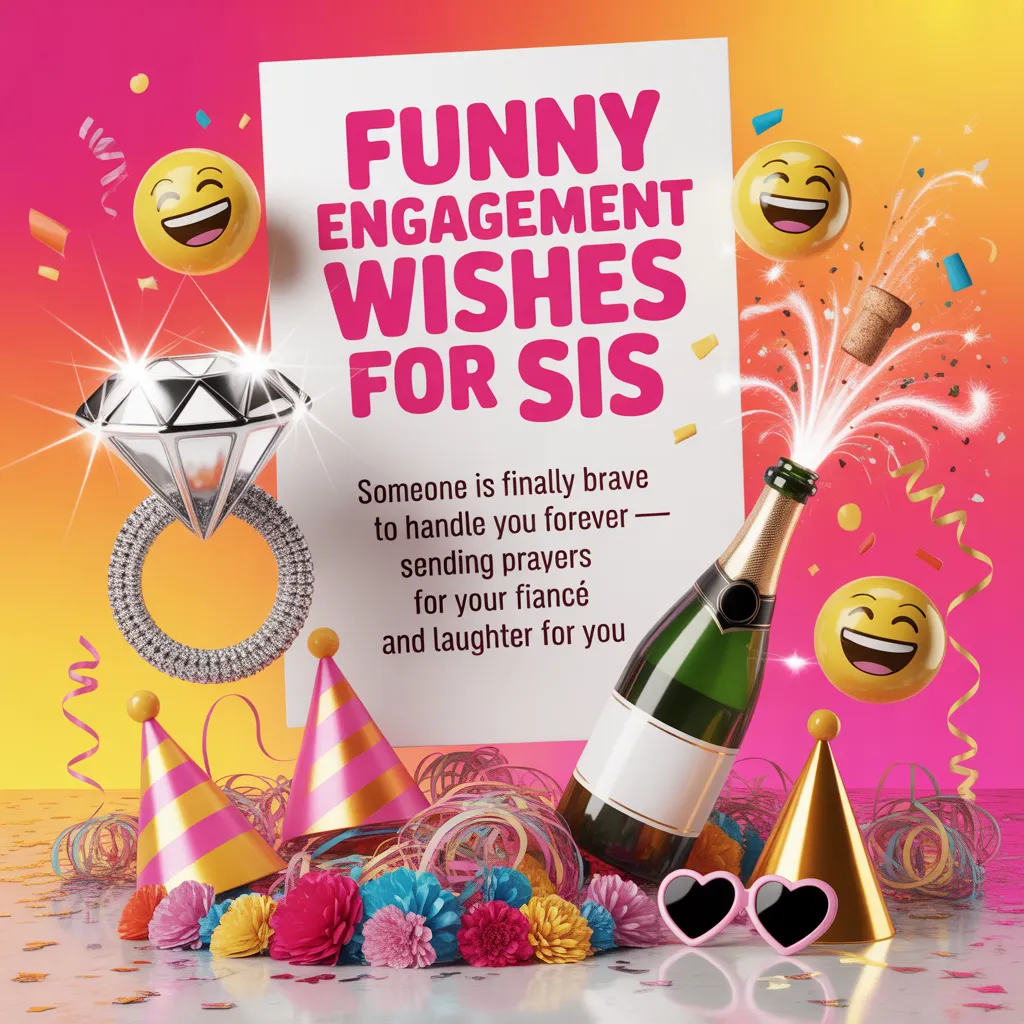 Vibrant funny engagement wishes for sister on a white card, surrounded by a sparkling diamond ring, popping champagne, and laughing emojis. Metallic party hats and paper flowers sit under a warm pink and orange glow.