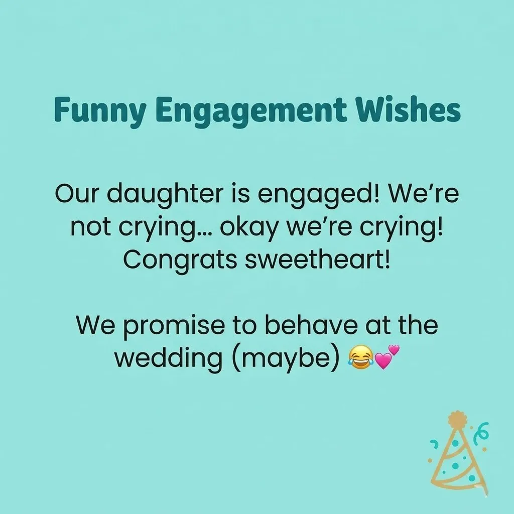 Funny engagement wishes for a daughter displayed in bold dark green and black text against a smooth teal background. The humorous message includes a playful promise to behave at the wedding, accented by a festive party hat illustration and pink heart emojis.