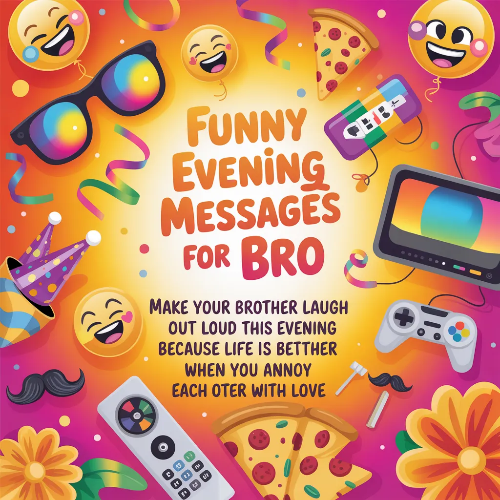 Vibrant graphic promoting funny evening messages for brother, featuring laughing emojis, a game controller, and pepperoni pizza slices against a glowing orange and pink gradient background. Playful elements like sunglasses and streamers create a cheerful atmosphere perfect for sharing a laugh with a sibling.