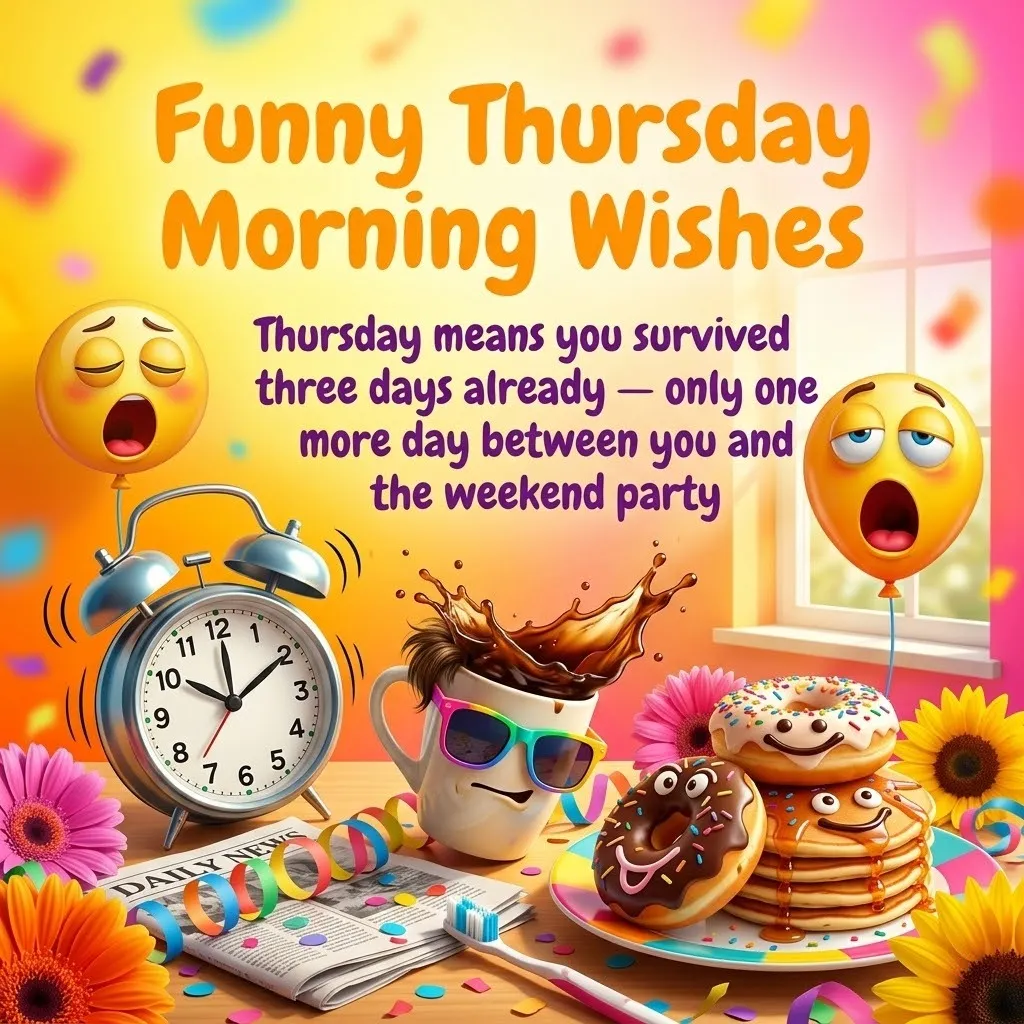 Vibrant funny Thursday morning wishes illustrated with a ringing silver alarm clock, a splashing coffee mug in sunglasses, and smiling breakfast treats. The bright scene features colorful confetti, pink gerberas, and yawning emoji balloons, creating a cheerful atmosphere for a playful Thursday morning greeting.