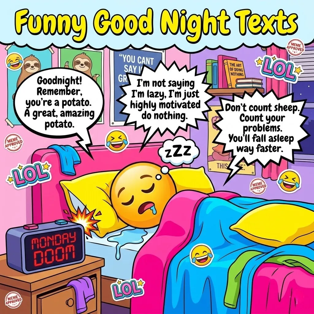 A drooling emoji sleeps in a vibrant bedroom featuring funny good night texts. Playful speech bubbles share sarcastic good night wishes for friends amidst bright pink bedding and sloth posters under cheerful, saturated lighting.