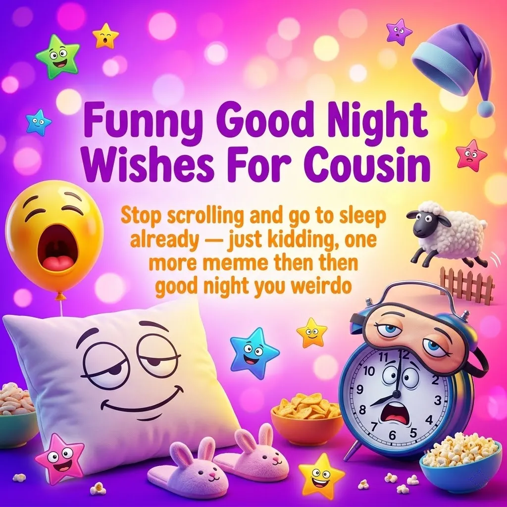 Vibrant funny good night wishes for cousin graphic featuring a yawning emoji, sleepy pillow, and pink bunny slippers. The whimsical scene is set against a glowing purple bokeh background with an alarm clock and bowls of snacks.