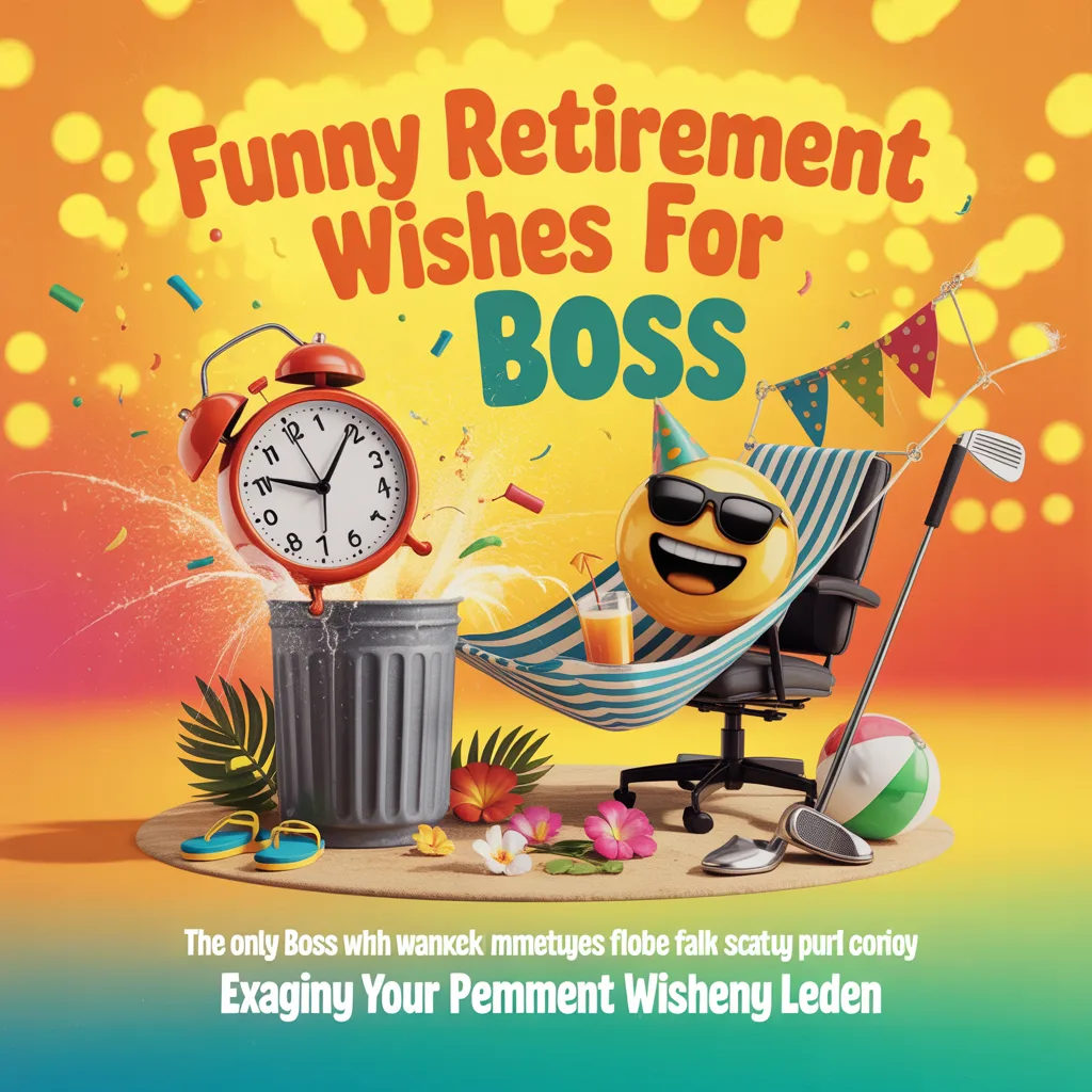 A vibrant scene for funny retirement wishes for boss featuring a laughing emoji in sunglasses relaxing in a hammock. A red alarm clock is tossed into a trash can amidst tropical flowers and golf clubs, set against a bright, sun-drenched yellow bokeh background.