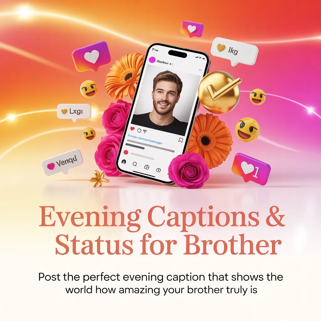 A smartphone displaying a man's profile nestled among velvety pink roses and orange gerberas. Floating golden icons and glowing light trails decorate the warm, vibrant background, creating a perfect visual for finding the best evening captions for brother and social media status updates.