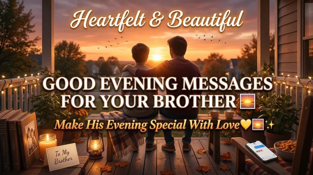 Two brothers sit side-by-side on a rustic wooden porch during a vibrant golden sunset, surrounded by glowing string lights and scattered autumn leaves. This peaceful setting highlights heartfelt good evening messages for your brother, featuring a warm lantern and steaming mugs under a soft, amber twilight sky.