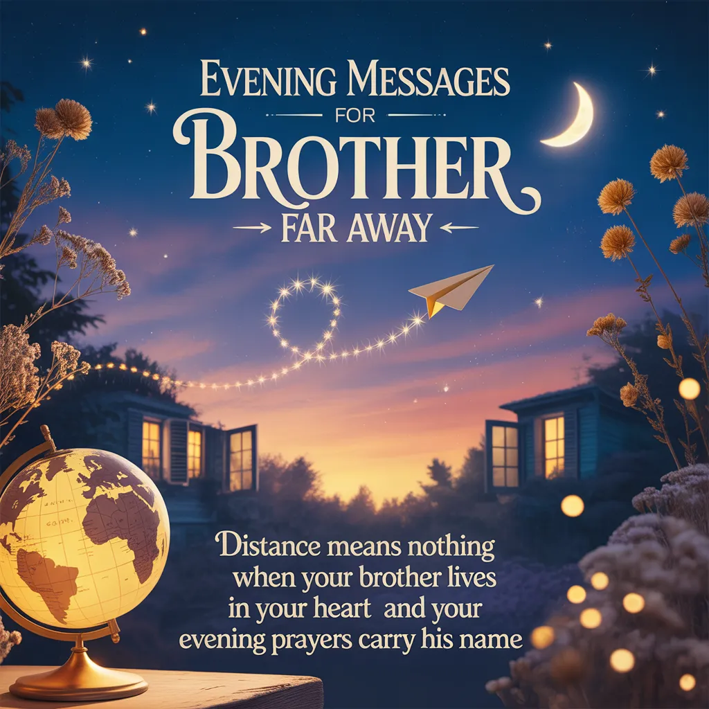 A glowing world globe and dried flowers frame a twilight sky where a paper airplane trails stardust. This graphic for good evening messages for brother features a crescent moon and a touching quote about long distance siblings under a soft, warm amber glow.