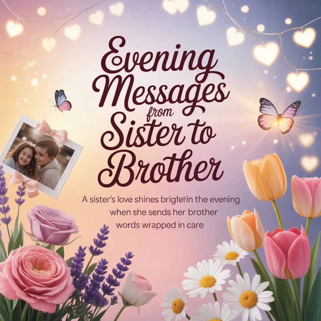 Heartfelt good evening messages for brother displayed in elegant script, surrounded by vibrant pink roses, tulips, and glowing heart-shaped string lights. A framed photo of siblings rests amidst the flowers against a soft, dreamy pastel gradient background with fluttering butterflies.