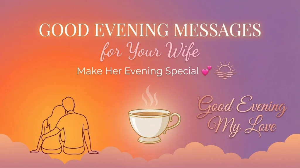 A steaming teacup and a silhouette of a couple embracing against a warm orange and purple sunset gradient. Elegant typography presents good evening messages for your wife and romantic evening wishes, set amidst soft clouds and a glowing atmosphere.