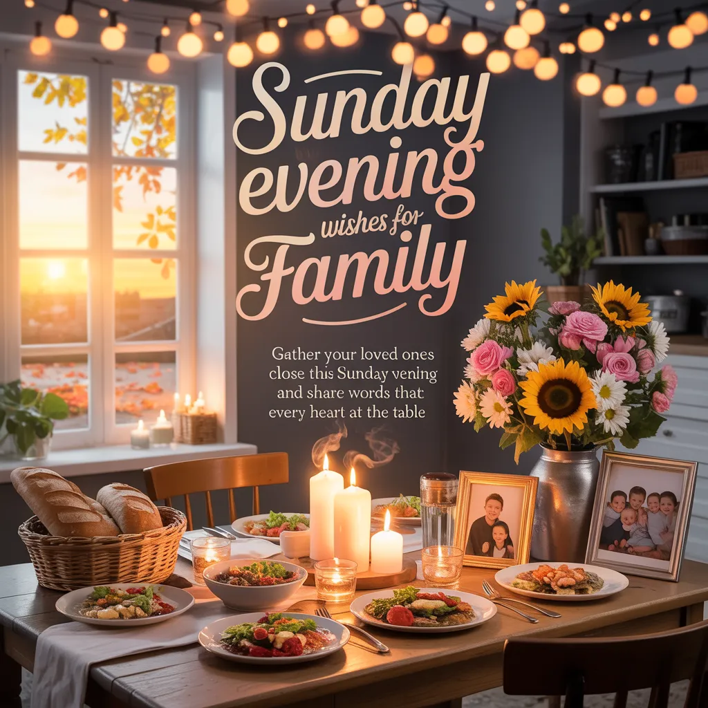 A cozy family dinner table featuring glowing pillar candles, crusty rustic bread, and vibrant sunflowers, bathed in soft golden hour light and twinkling string lights to inspire heartfelt good evening Sunday wishes.