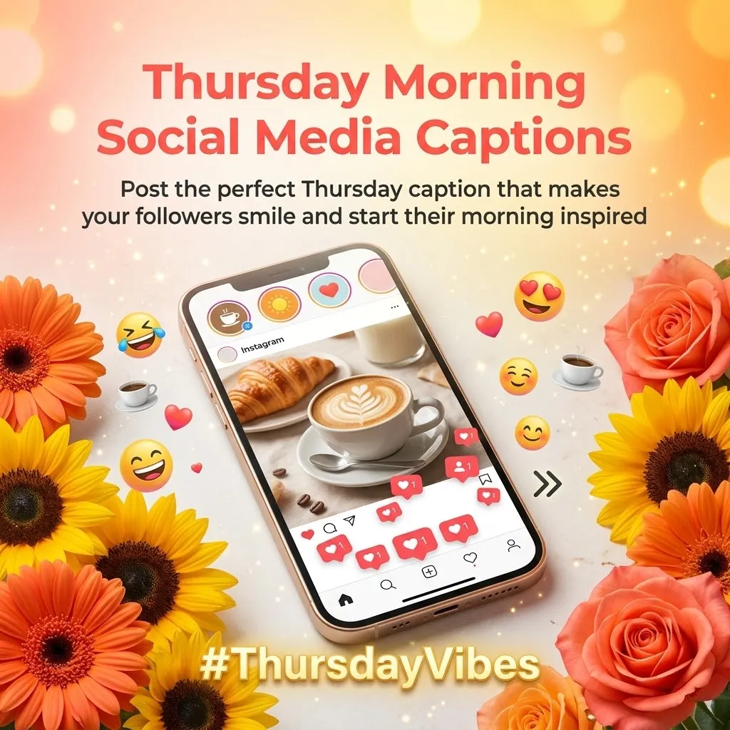 A smartphone displaying latte art is framed by vibrant sunflowers and peach roses in warm golden light. Emojis surround the screen promoting Thursday morning social media captions and #ThursdayVibes for sharing good morning wishes.