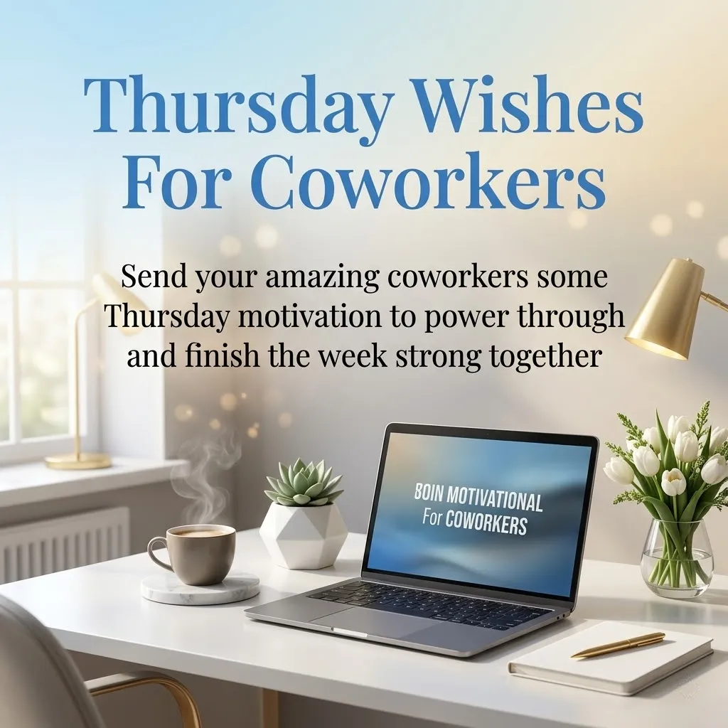 A bright, modern office desk featuring an open laptop, a steaming ceramic mug of coffee, and fresh white tulips under soft morning light. The scene includes inspirational Thursday wishes for coworkers, offering Thursday motivation to finish the work week strong together.