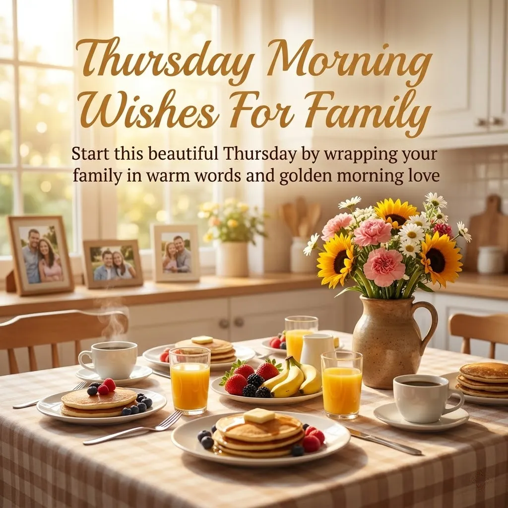 Fluffy pancakes and steaming coffee rest on a checkered tablecloth under golden morning light. This kitchen scene with vibrant sunflowers and family photos creates a warm setting for Thursday morning wishes for family.