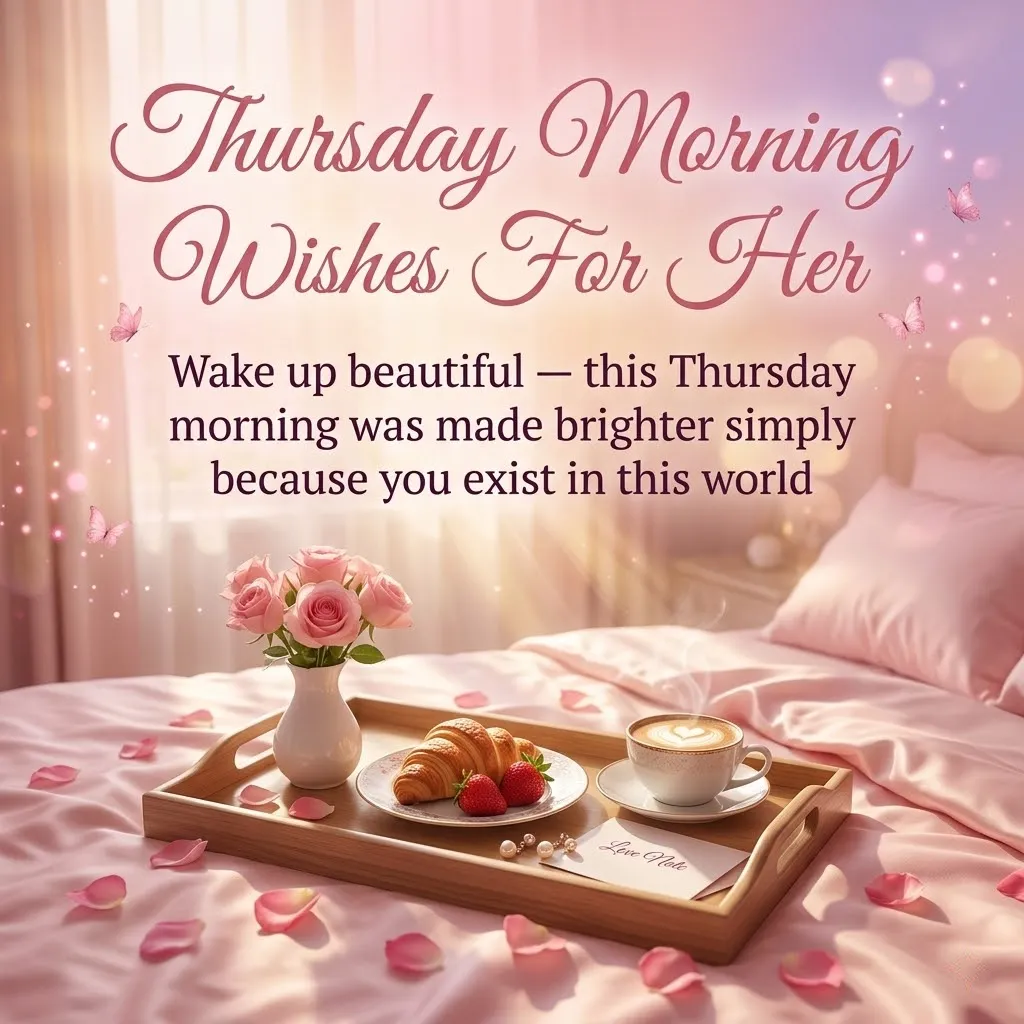 Elegant Thursday morning wishes featuring a wooden tray with a latte, croissant, and pink roses on soft satin bedding. Warm sunlight illuminates the scene, highlighting delicate petals for a romantic breakfast in bed.