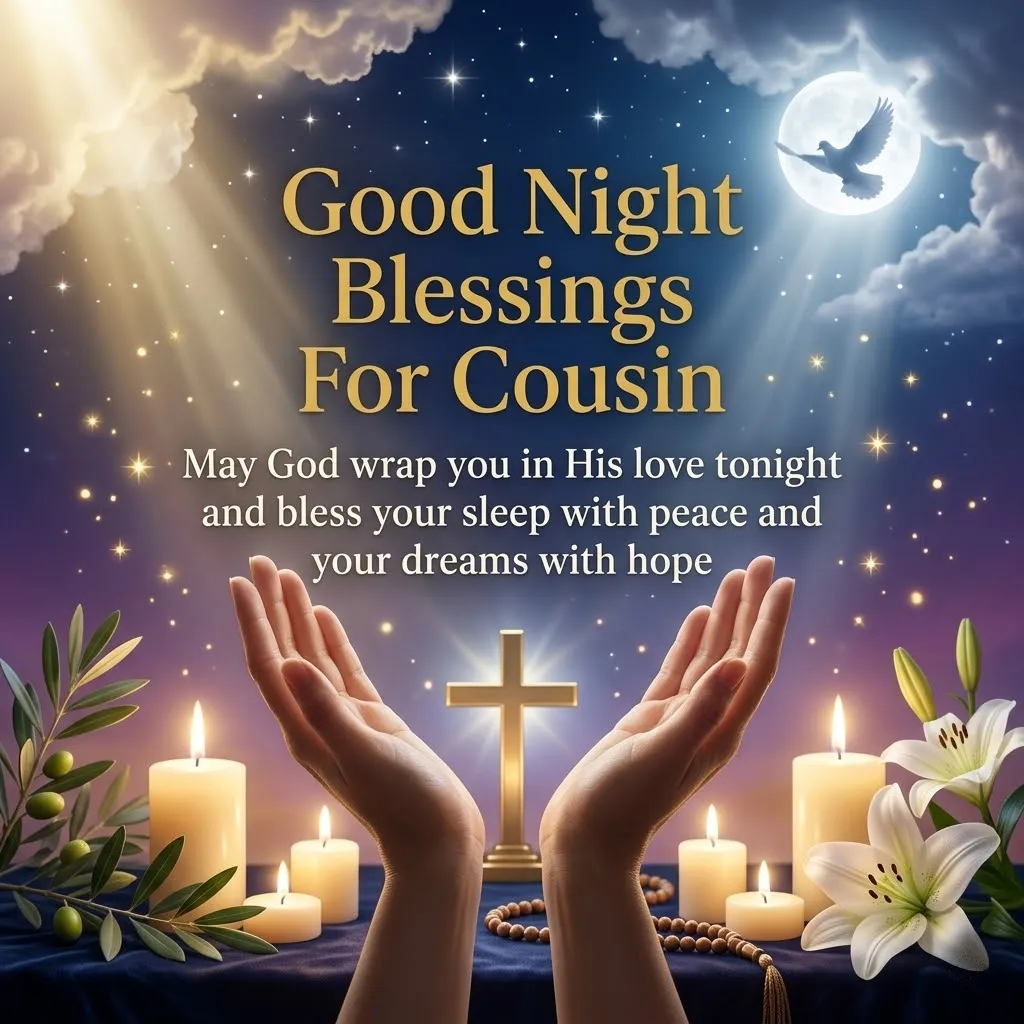 Hands raised in prayer toward a glowing golden cross, offering good night blessings for cousin. This serene scene features white lilies and flickering candles under a starry night sky, illuminated by a full moon and divine rays.