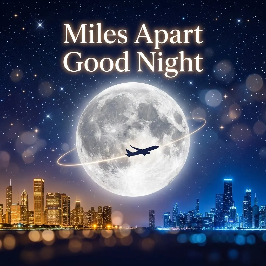 A luminous full moon with an airplane silhouette flying across a starry sky above a dual-toned city skyline. Glowing text reads 'Miles Apart Good Night,' creating a serene atmosphere for sending good night wishes for friends.