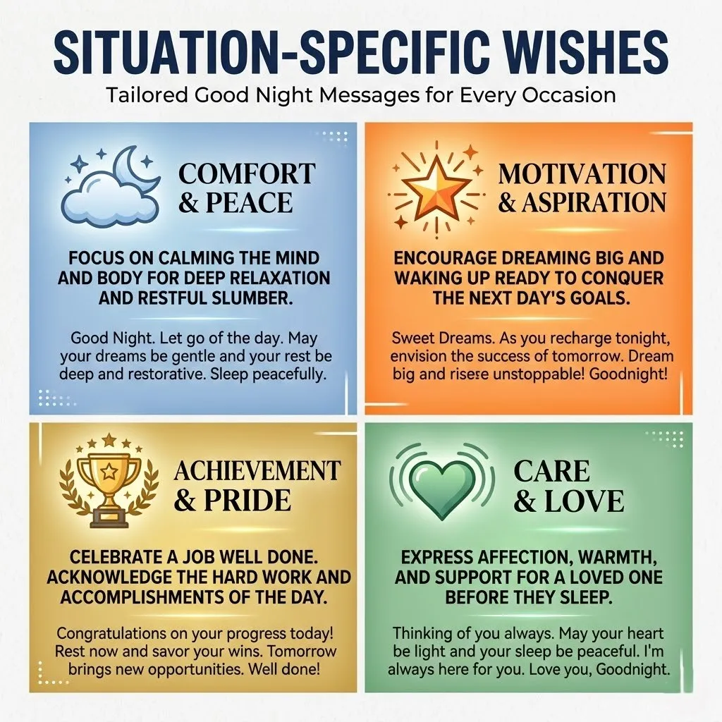 A vibrant four-quadrant infographic featuring tailored good night wishes for friends, categorized into comfort, motivation, achievement, and love. Each section displays glossy icons like a moon or trophy against soft blue, orange, gold, and green gradients, providing thoughtful, encouraging messages for a restful and inspired night.
