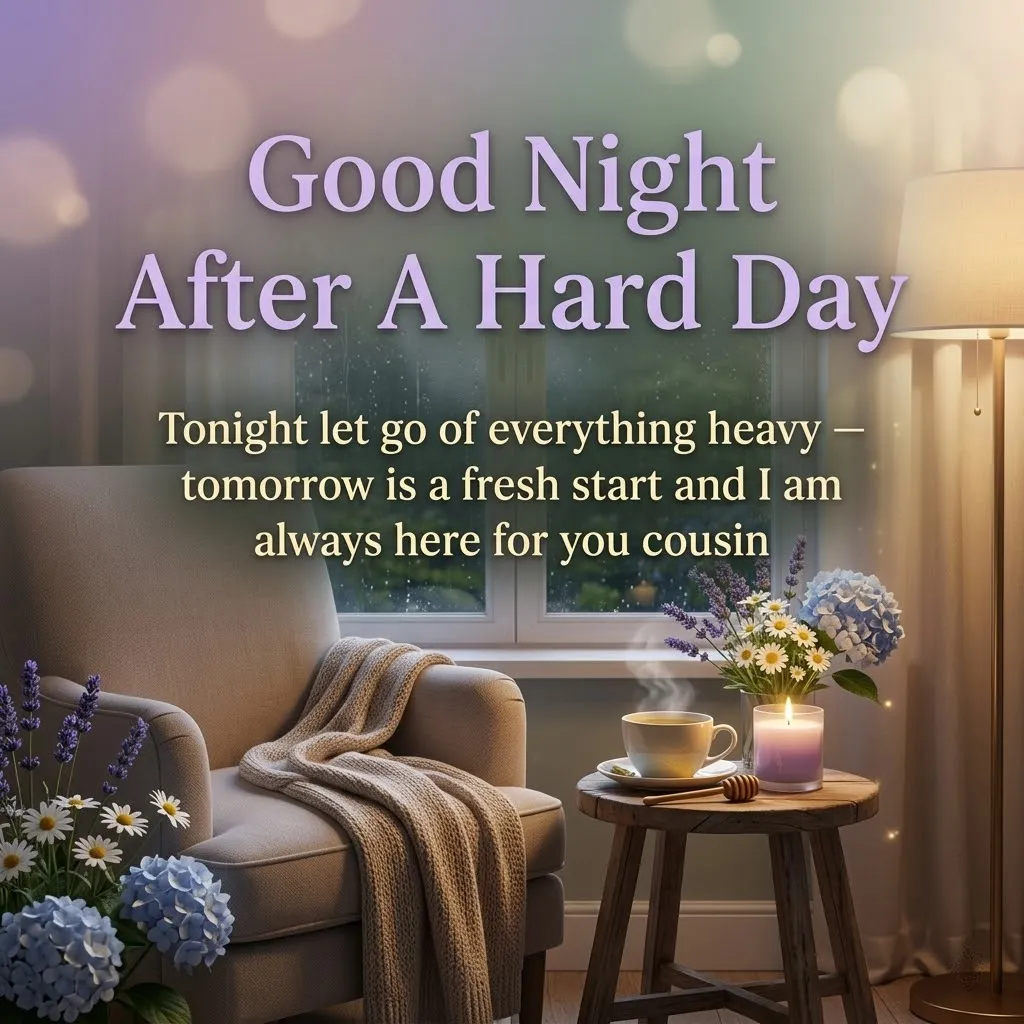 Inspirational good night wishes for a cousin set against a cozy evening scene featuring a plush armchair, knit throw, and steaming tea. A glowing candle and floor lamp provide warm lighting against a rainy window, creating a peaceful atmosphere for relaxation.