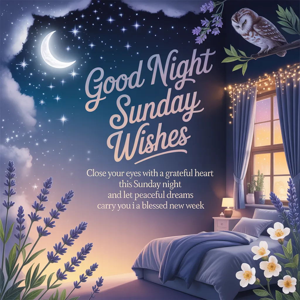 A serene bedroom setting featuring Good Night Sunday Wishes text, where a plush blue bed sits beside a window glowing with warm fairy lights. Lavender and white blossoms frame a view of a crescent moon and starry sky, creating a peaceful Sunday night atmosphere.