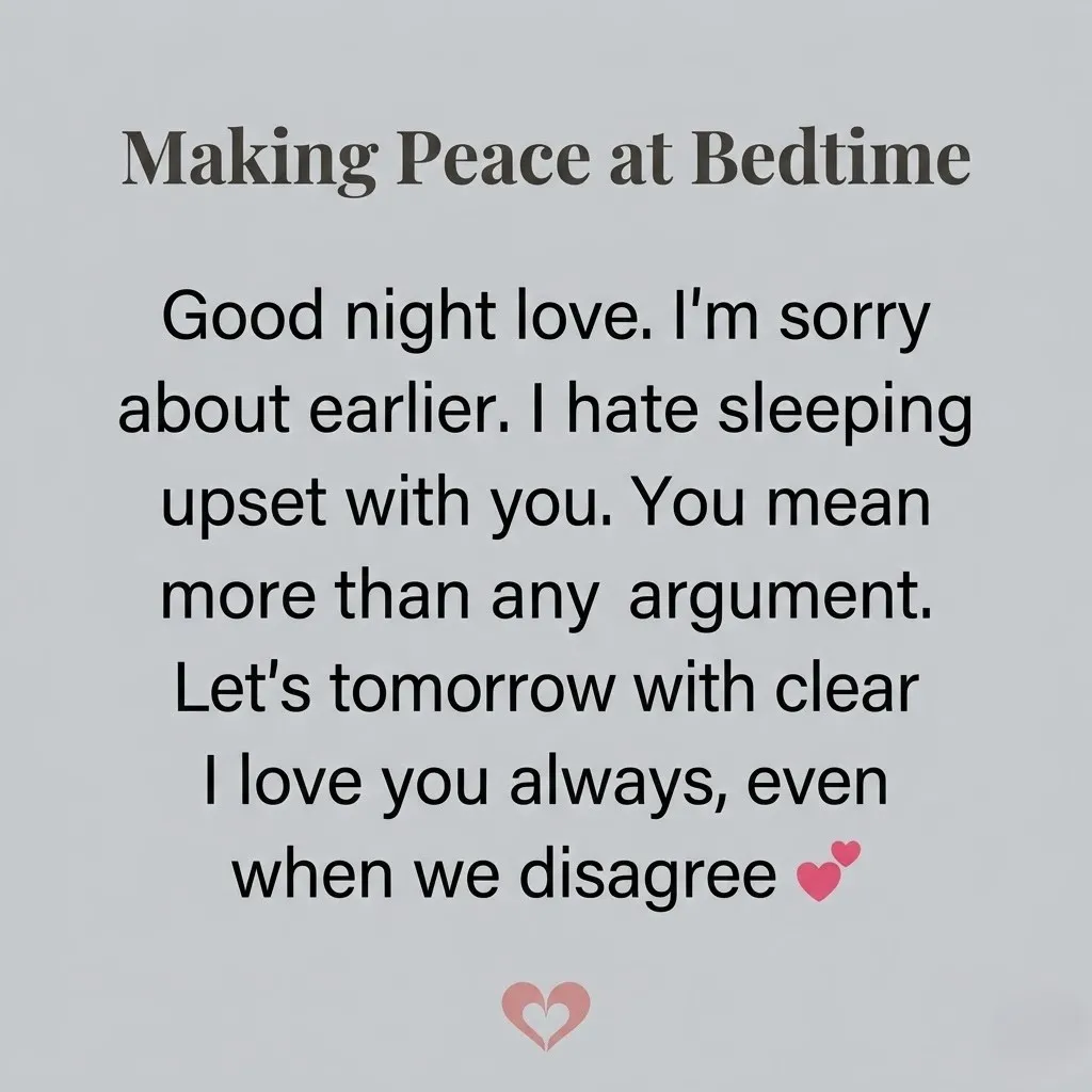 A digital graphic titled 'Making Peace at Bedtime' featuring a heartfelt relationship apology quote in bold black text on a smooth matte gray background, accented by soft pink hearts to convey reconciliation and love before sleep.