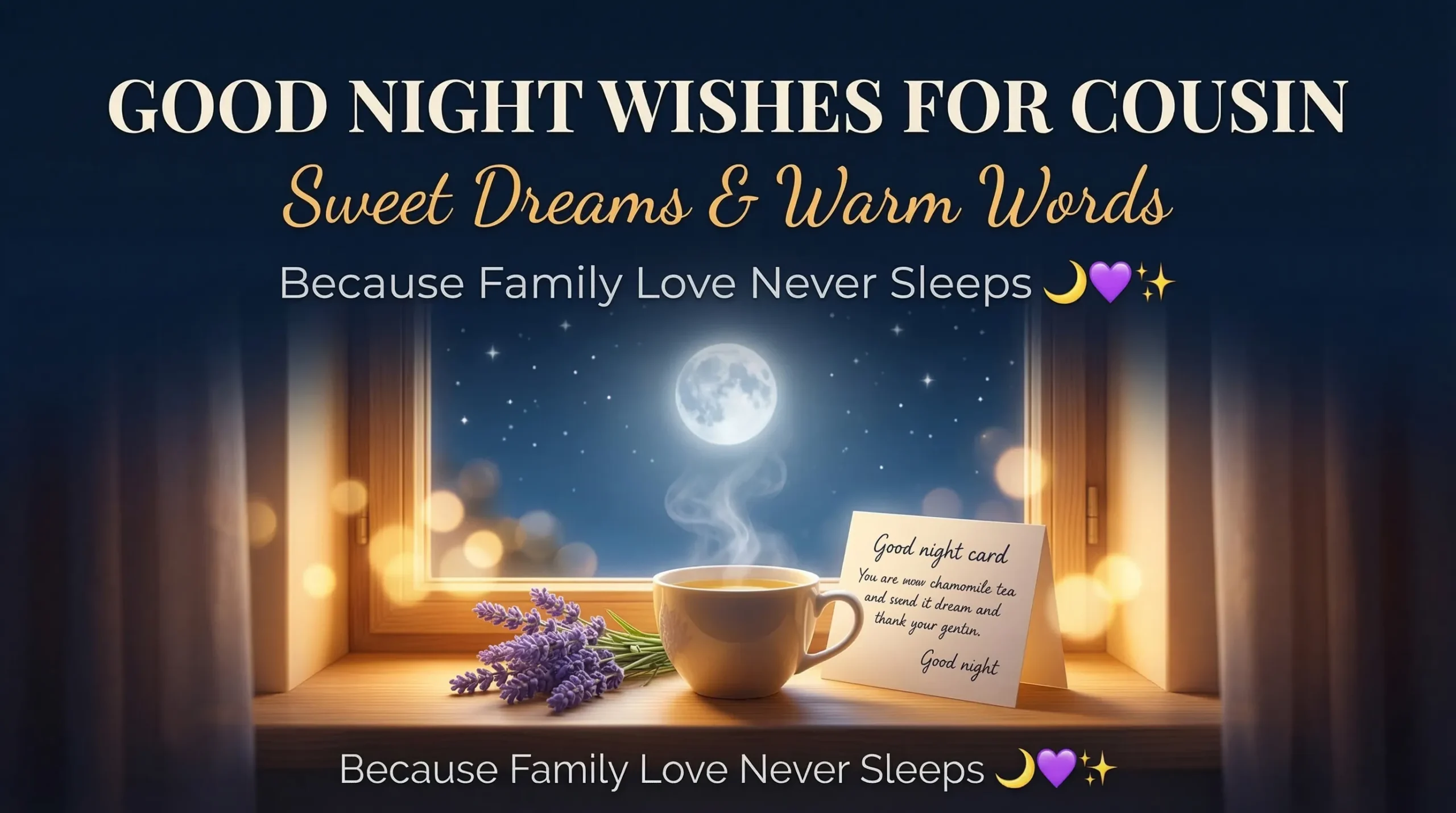 A steaming white mug and purple lavender rest on a wooden windowsill under a luminous full moon, creating a cozy atmosphere for good night wishes for a cousin. Soft bokeh lights and a handwritten card enhance the serene, starry night setting.