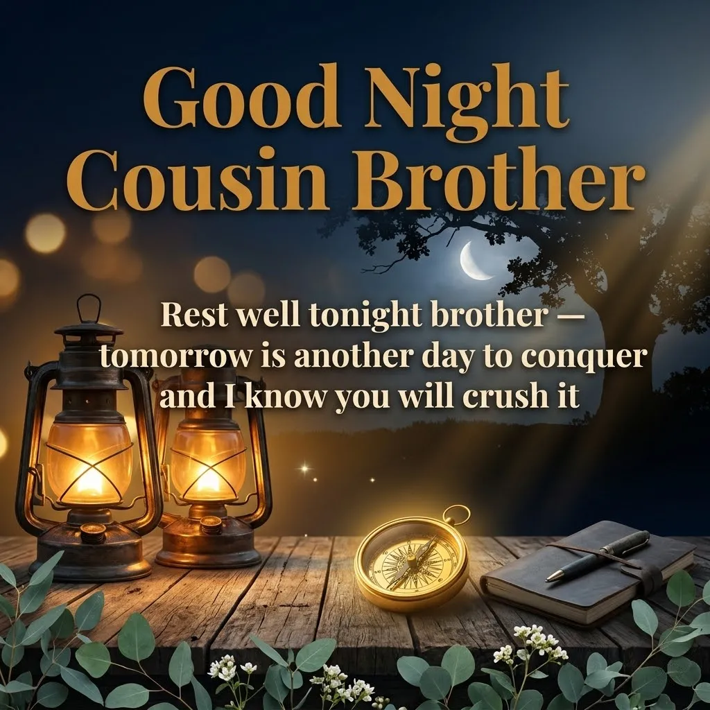 Two glowing vintage lanterns and a golden compass rest on a rustic wooden table alongside a leather journal. The background features a crescent moon and silhouetted tree, providing a serene setting for motivational good night wishes for a cousin brother under soft, amber light.