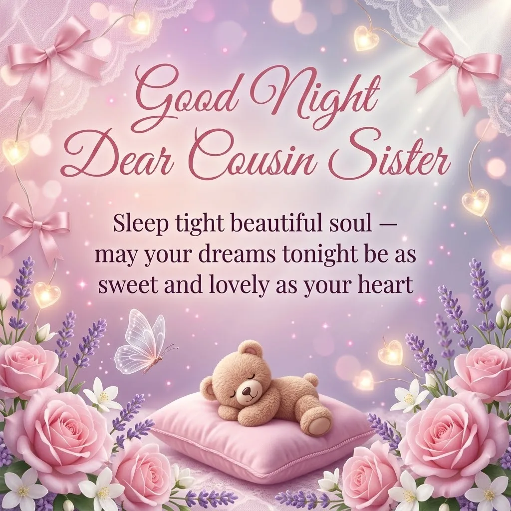 A plush teddy bear sleeps on a pink pillow among roses and lavender. This whimsical scene features heart-shaped fairy lights and a good night wishes for cousin message against a dreamy purple background with glowing bokeh.