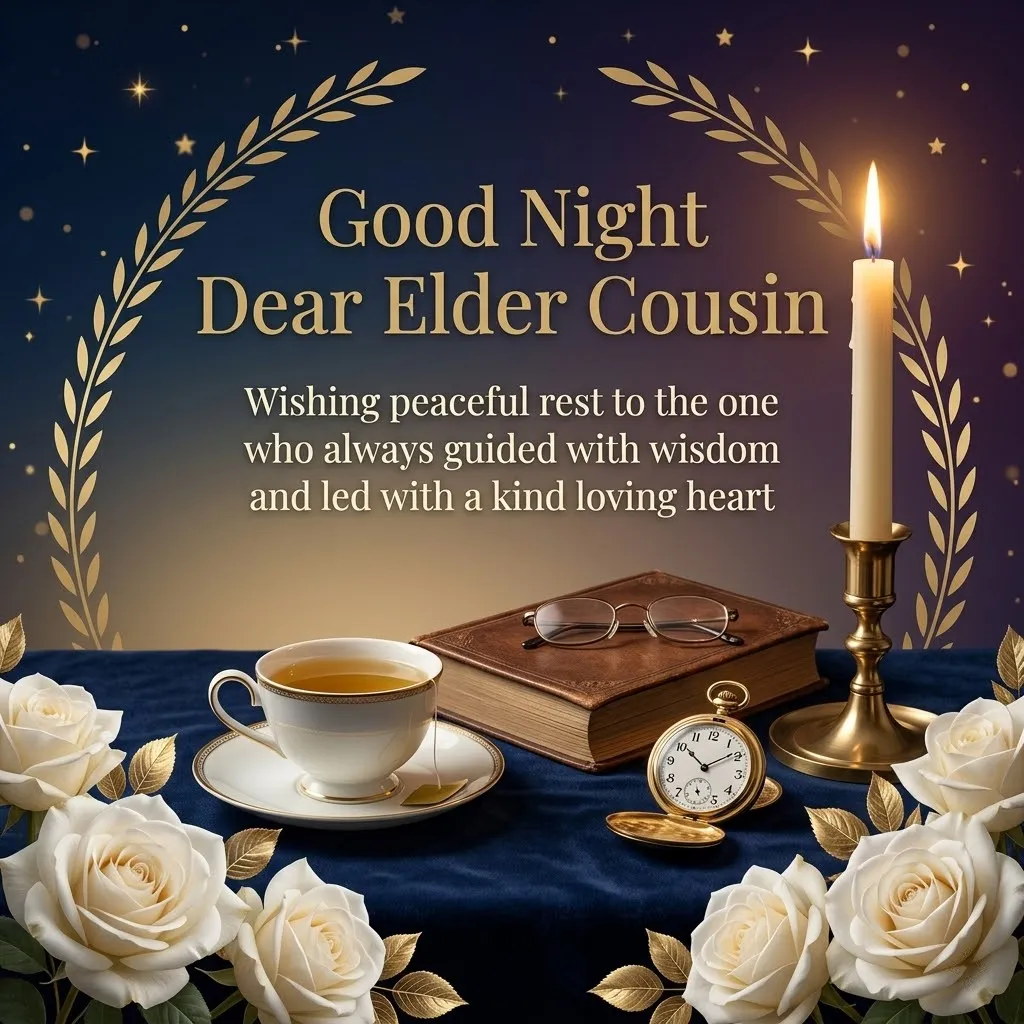 Elegant good night wishes for cousin displayed above a vintage leather book, reading glasses, and a glowing candle. This peaceful scene includes a delicate white ceramic tea cup and blooming white roses with gold leaves, set against a dark, starry background illuminated by a soft, warm glow.