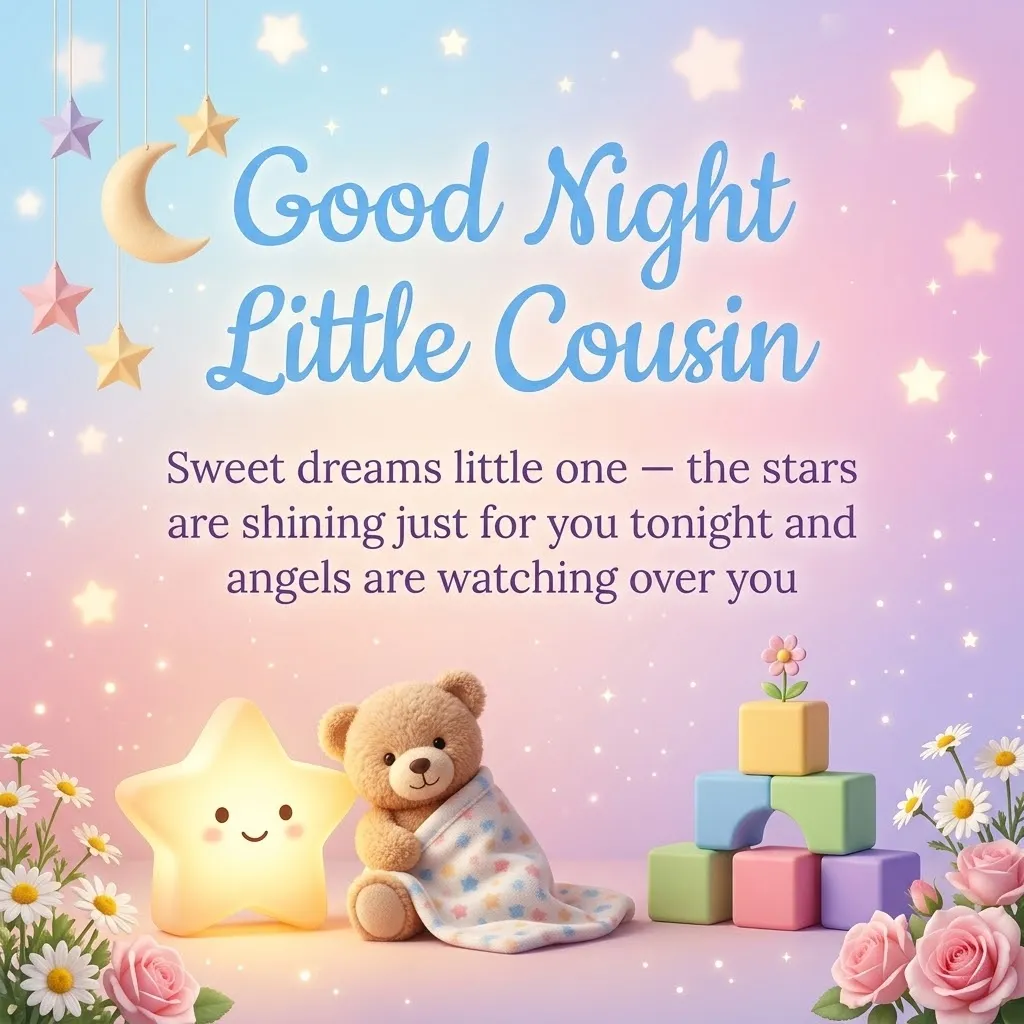 A fluffy teddy bear tucked in a blanket sits beside a glowing star lamp and pastel blocks. This whimsical good night wishes for cousin graphic features a dreamy starlit sky in soft pink and blue, creating a peaceful bedtime atmosphere.