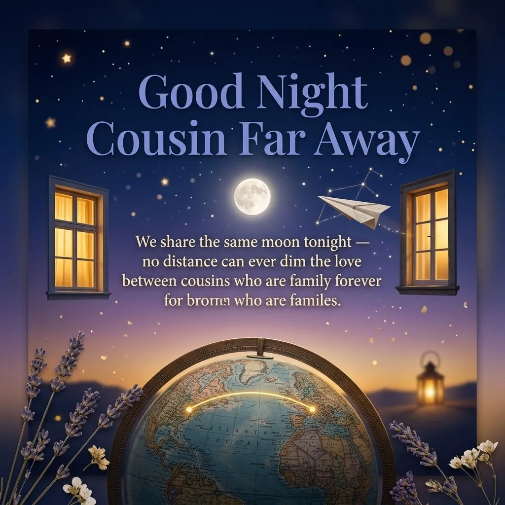 A heartfelt good night cousin message displayed over a starry indigo sky with a glowing full moon. A vintage globe illustrates a long-distance family connection between continents, accompanied by warm lit windows, a paper airplane, and fragrant sprigs of purple lavender.