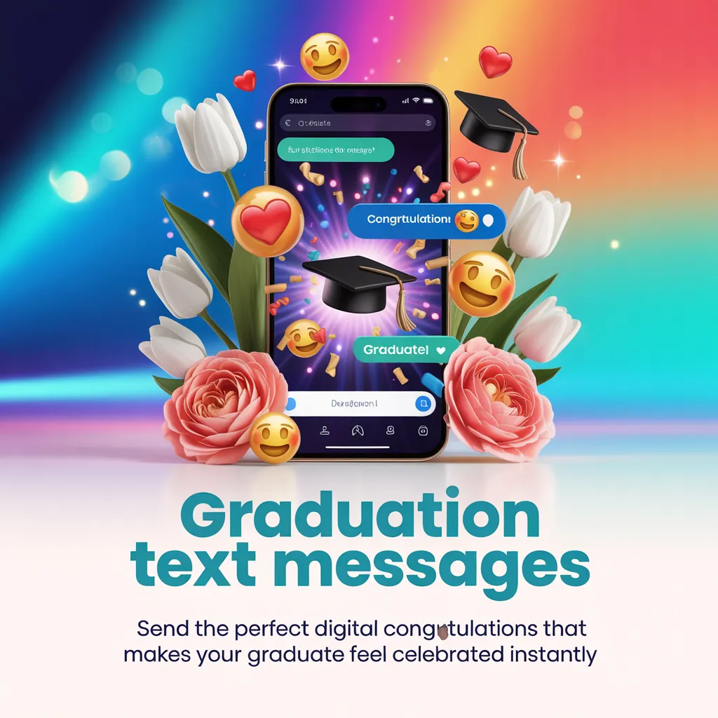 A smartphone displaying festive graduation text messages and a 3D mortarboard, framed by soft pink roses and white tulips. Glossy emojis float under a vibrant, multi-colored glow for a joyful digital congratulations scene.