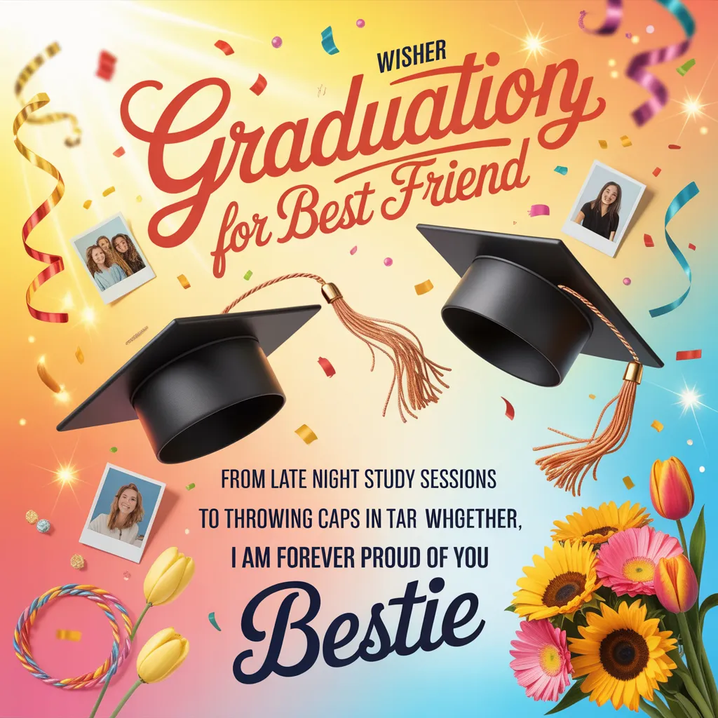 Vibrant graduation wishes for a best friend featuring black graduation caps with gold tassels amidst colorful confetti and sunflowers. The sun-drenched background glows with celebratory text, capturing a joyful atmosphere of success.